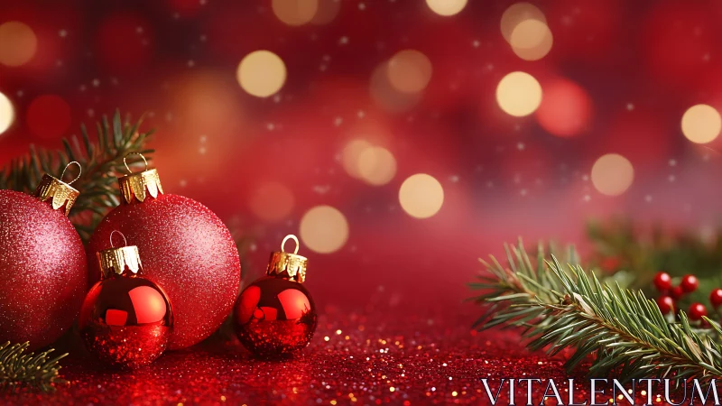 Photorealistic red baubles with bokeh and evergreen accents.