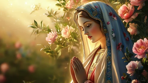 Golden morning prayer unfolds amid gentle blooming roses