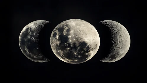 Moonlit trio tracing quiet phases across the night sky.
