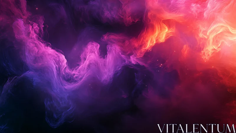 Shimmering cosmic clouds swirl in radiant purples and golds