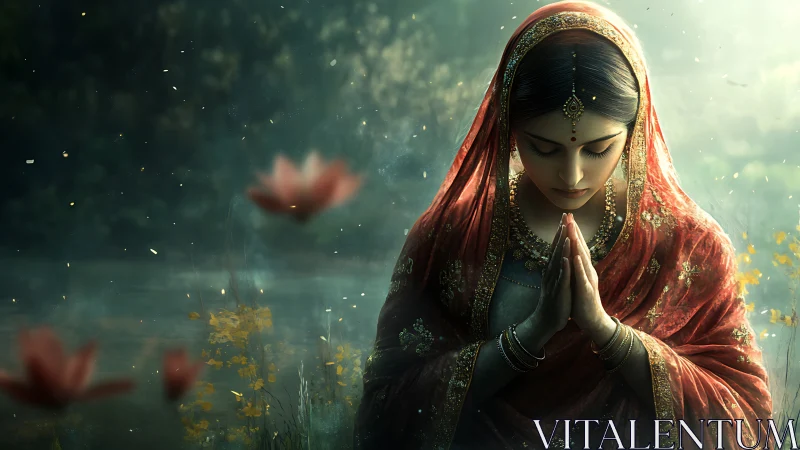 Riverbank reverie of a veiled woman wrapped in quiet prayer.