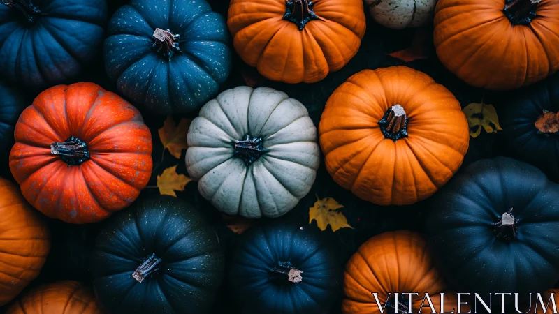 Colorful fall pumpkins arranged in a tight overhead pattern.