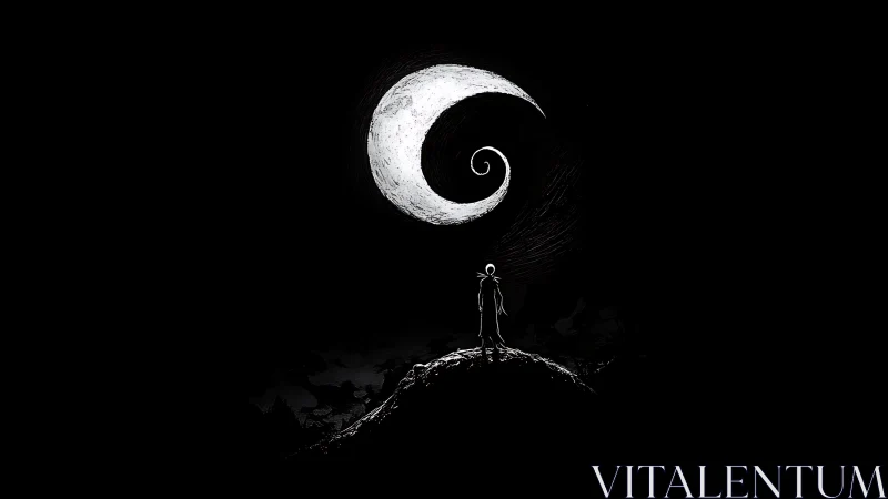 Figure on hilltop under large spiral moonlit sky.