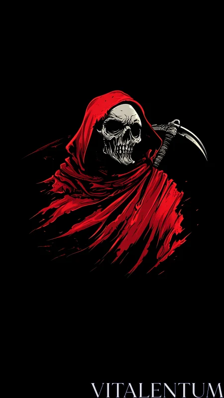 Grim reaper skull in red cloak with high-contrast vector rendering