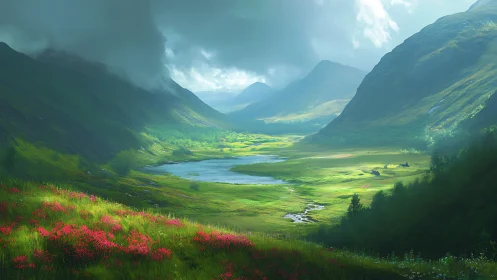 Sunlit valley meadow opens beneath misty emerald mountains