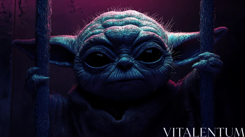 Alien child grips ropes under neon rim lighting portrait