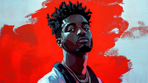 Bold digital portrait against vivid red abstract field.