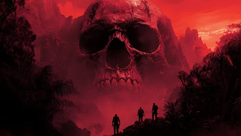 Towering skull mountain dominates red jungle horizon