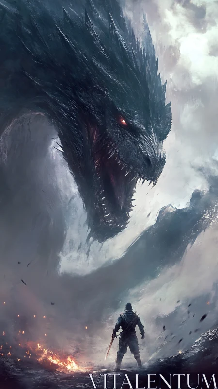 Armored warrior confronts towering black dragon in storm