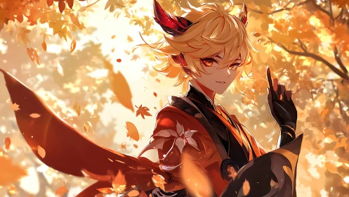 Fiery autumn anime warrior stands poised among falling leaves