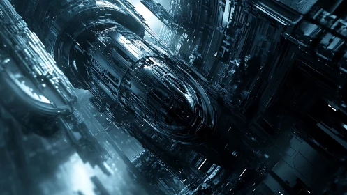 Futuristic cylindrical engine in dense metallic labyrinth.