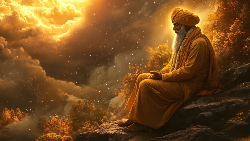 Golden-robed sage in cosmic forest meditation at dusk.