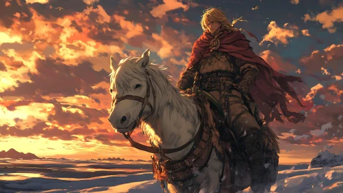Mounted figure crosses snowy plain under dense sunset clouds
