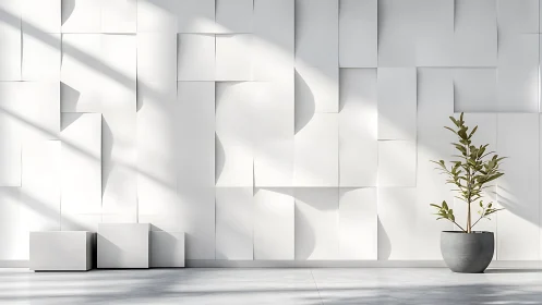 Parametric relief wall with potted plant in controlled daylight.