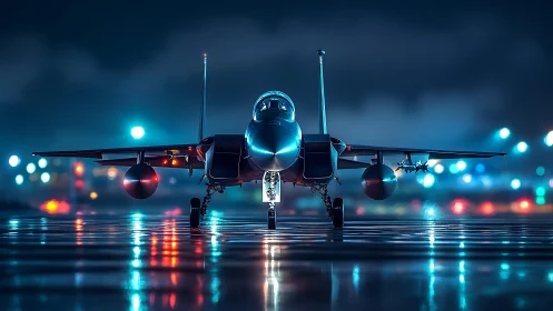 Sleek fighter jet waits on neon lit runway under night skies