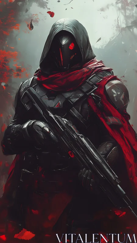 Hooded armored soldier holding rifle in red scarf cloak