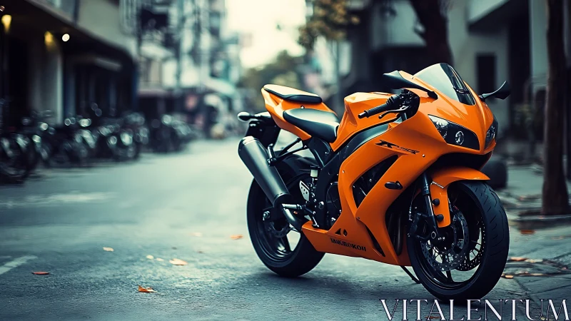 Sunlit orange sportbike waiting for a city street escape.