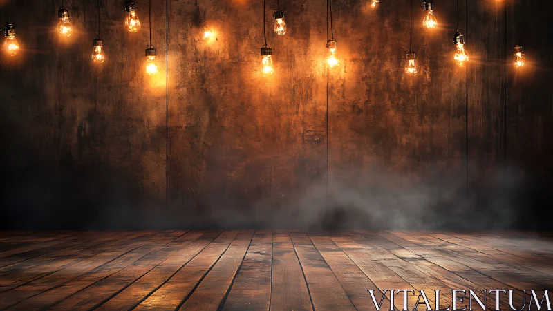 Rustic wooden stage under warm hanging bulbs at night.