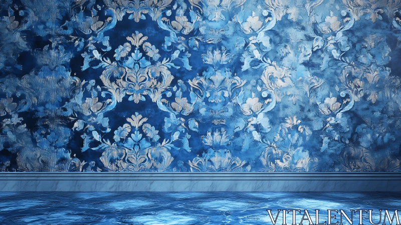 Blue ornamental wall and reflective floor form interior backdrop