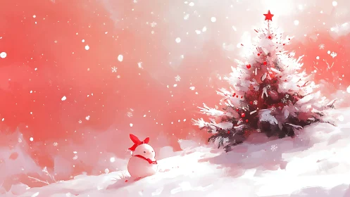 Chromatic winter tableau with stylized snowman and tree.