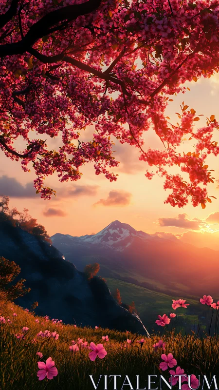 Blossom-laden hillside quietly frames a distant molten sunset