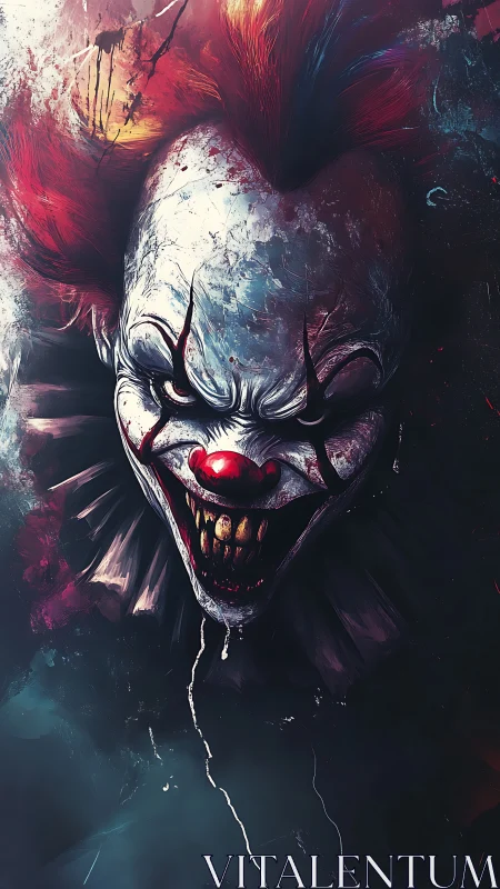 Sinister clown portrait glows from chaotic dark background