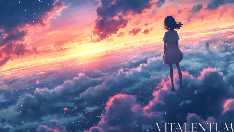 Girl stands above glowing city clouds at radiant sunset sky