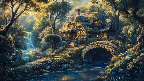 Stone bridge cottage in dense forest with waterfall view.