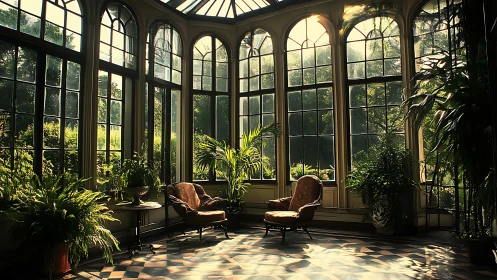 Photorealistic conservatory interior with lush botanical seating.