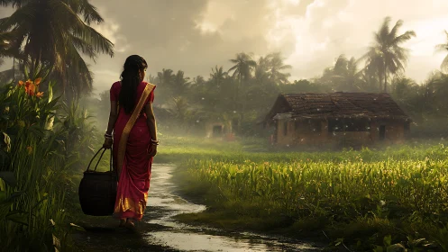 Village woman in red sari walking toward rural house at dusk.