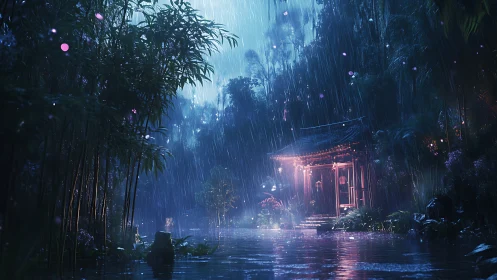 Rain-soaked bamboo shrine with neon-lit reflective water. Period.