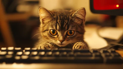 Tabby Cat at Desk with Intense Amber Eyes Stare.