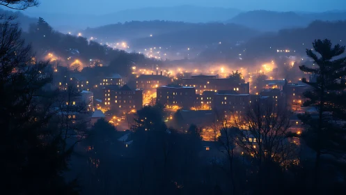 Hillside town at dusk with glowing street and window lights.