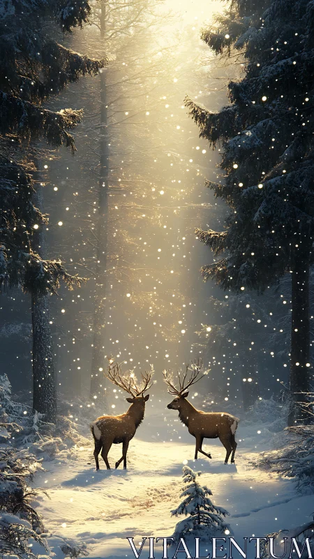 Winterlit stag duet beneath a snowfall cathedral of pine.