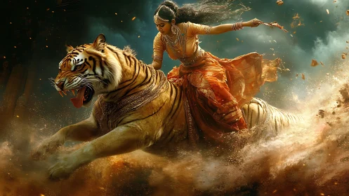 Warrior goddess riding tiger through swirling firestorm.