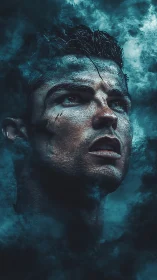 Storm-carved hero emerges from swirling teal thunderclouds