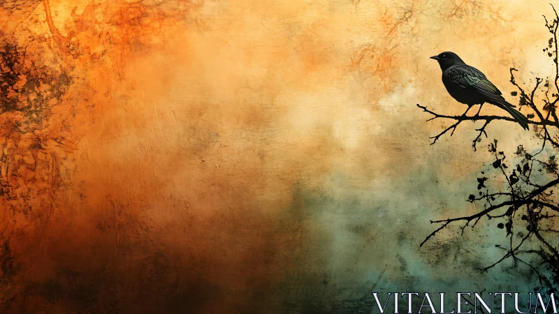 Solitary blackbird silhouettes against textured dusk sky.