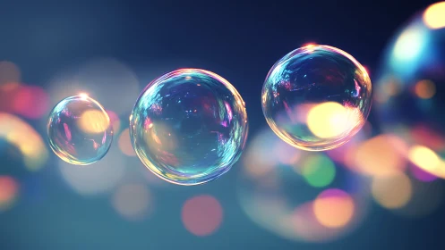 Translucent soap bubbles with multicolor light reflections.
