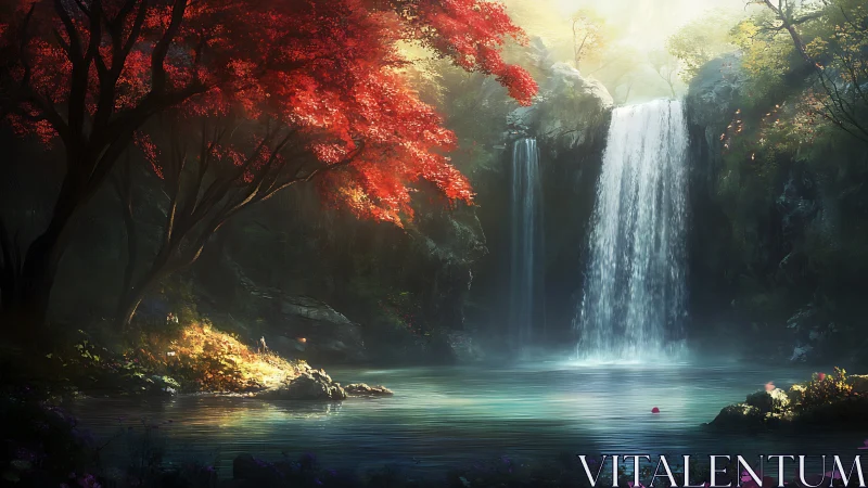 Quiet twin waterfalls in forest pool with red foliage.