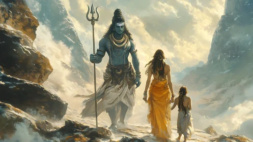 Himalayan godly guardians stride through stormlit snowfields.