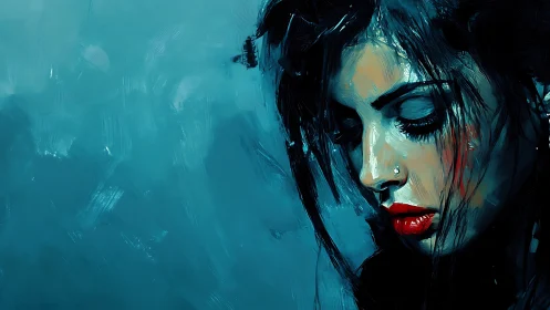 Woman with downward gaze dominates blue digital canvas