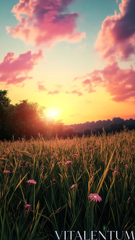 Sunset illuminates tall grass field with scattered pink flowers