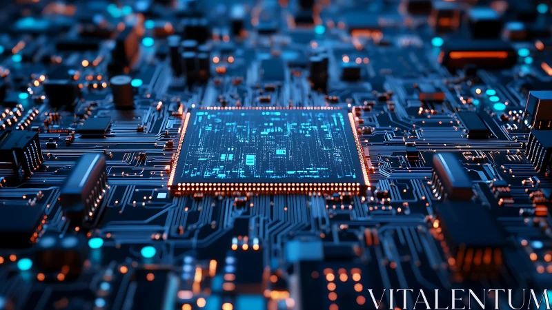Neon-lit microprocessor core on dense digital circuit board.
