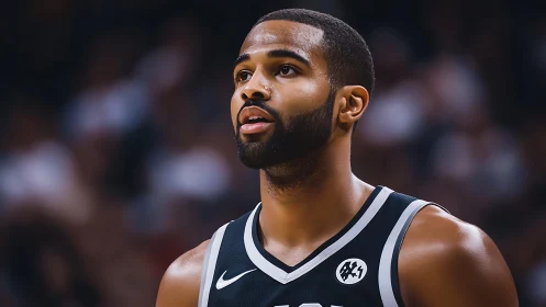 Close-up portrait of focused basketball player in black jersey