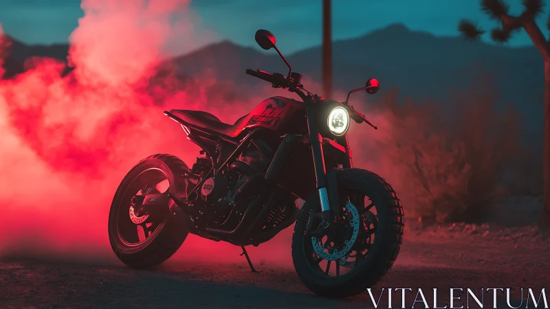 Custom street motorcycle in red smoke at dusk in desert