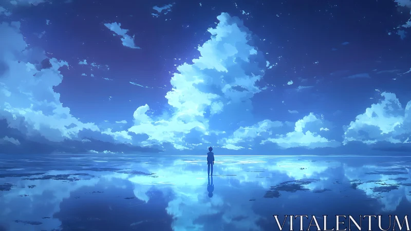 Solitary figure reflects beneath vast mirrored sky.