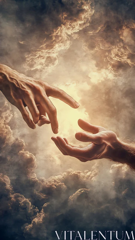 Human hands reaching within illuminated clouded sky scene.