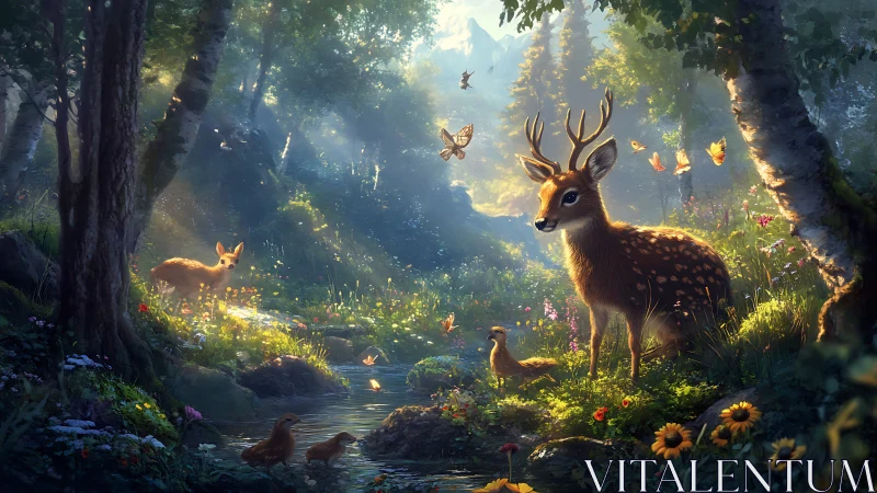 Gentle deer and forest friends in a sunlit woodland glade.