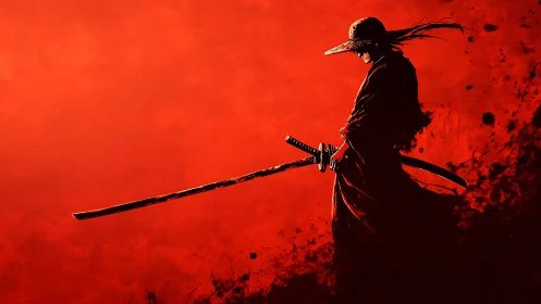 Lone samurai silhouette with katana on intense red field.