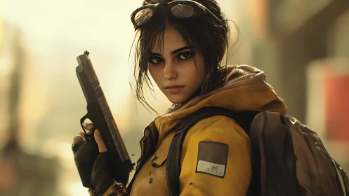 Tactical heroine in yellow jacket with sidearm, cinematic portrait.